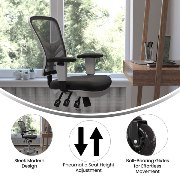 English Elm Nicholas Ergonomic Office Chair with Breathable Mesh, Adjustable Arms, and Smooth Roller Wheels for Comfort Black Mesh/White Frame HL-0001-WH-BK-RLB-GG