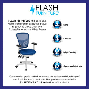 English Elm Nicholas Ergonomic Mid-Back Executive Chair for Ultimate Comfort and Support in Your Workspace Blue Mesh/White Frame HL-0001-WH-BLUE-GG