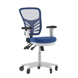 English Elm Nicholas Ergonomic Office Chair with Breathable Mesh, Adjustable Arms, and Smooth Roller Wheels for Comfort Blue Mesh/White Frame HL-0001-WH-BLUE-RLB-GG