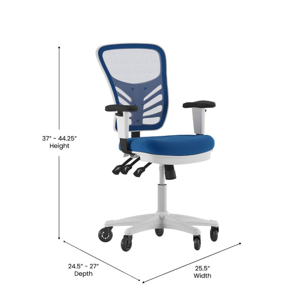 English Elm Nicholas Ergonomic Office Chair with Breathable Mesh, Adjustable Arms, and Smooth Roller Wheels for Comfort Blue Mesh/White Frame HL-0001-WH-BLUE-RLB-GG