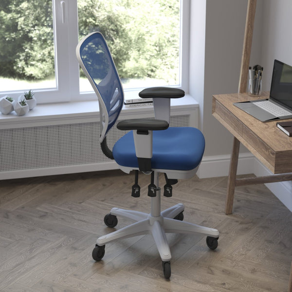 English Elm Nicholas Ergonomic Office Chair with Breathable Mesh, Adjustable Arms, and Smooth Roller Wheels for Comfort Blue Mesh/White Frame HL-0001-WH-BLUE-RLB-GG