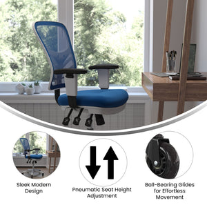 English Elm Nicholas Ergonomic Office Chair with Breathable Mesh, Adjustable Arms, and Smooth Roller Wheels for Comfort Blue Mesh/White Frame HL-0001-WH-BLUE-RLB-GG