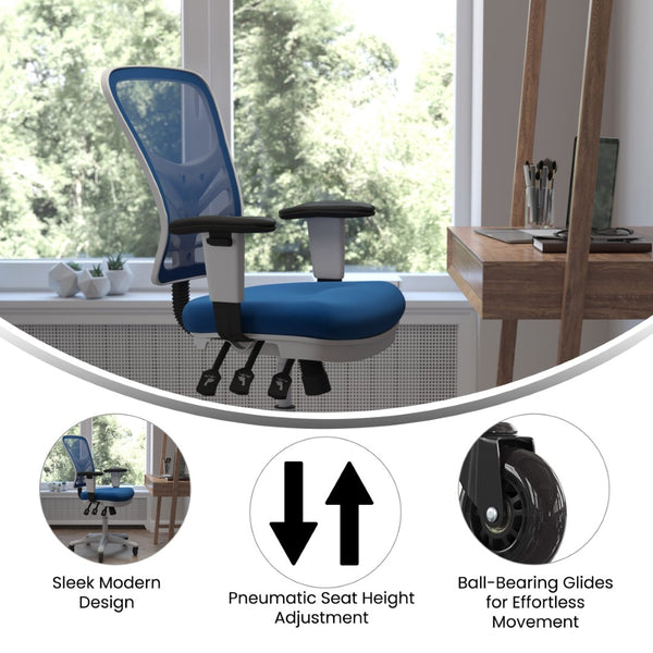 English Elm Nicholas Ergonomic Office Chair with Breathable Mesh, Adjustable Arms, and Smooth Roller Wheels for Comfort Blue Mesh/White Frame HL-0001-WH-BLUE-RLB-GG