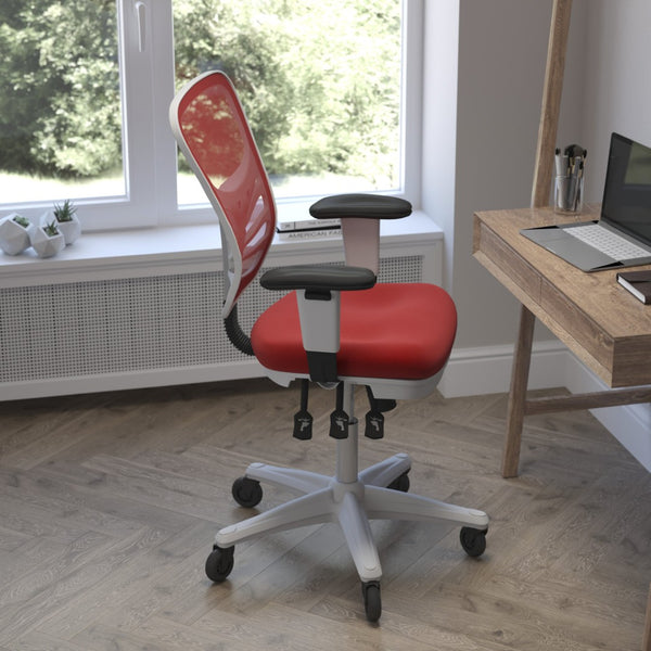 English Elm Nicholas Ergonomic Office Chair with Breathable Mesh, Adjustable Arms, and Smooth Roller Wheels for Comfort Red Mesh/White Frame HL-0001-WH-RED-RLB-GG