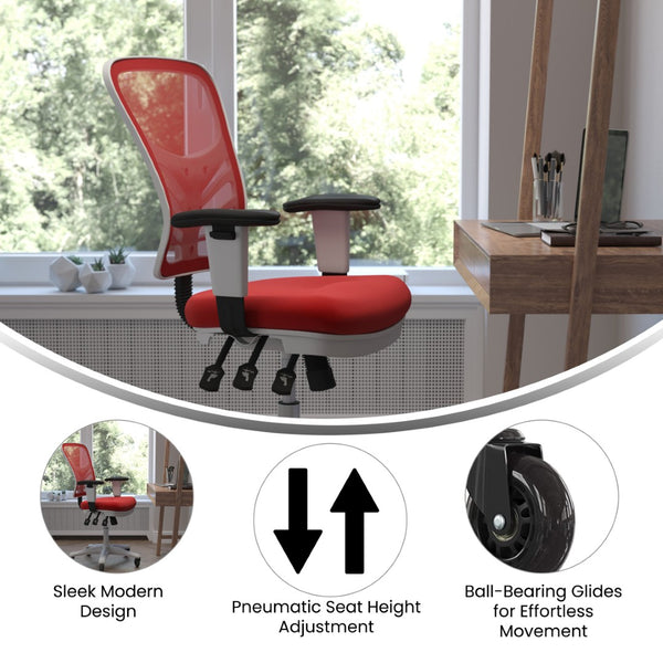 English Elm Nicholas Ergonomic Office Chair with Breathable Mesh, Adjustable Arms, and Smooth Roller Wheels for Comfort Red Mesh/White Frame HL-0001-WH-RED-RLB-GG