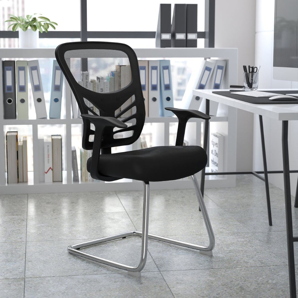 English Elm Steve Modern Mesh Side Reception Chair with Chrome Base – Stylish Comfort for Office & Guests HL-0001B-BK-GG