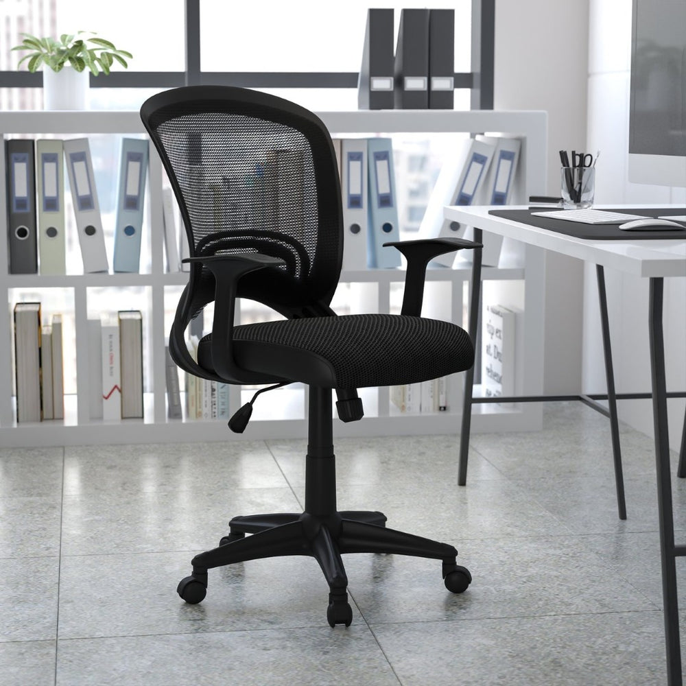 English Elm Manny Mid-Back Task Chair - Stylish Black Mesh Design with Adjustable Height & 360° Swivel Mobility HL-0007-GG