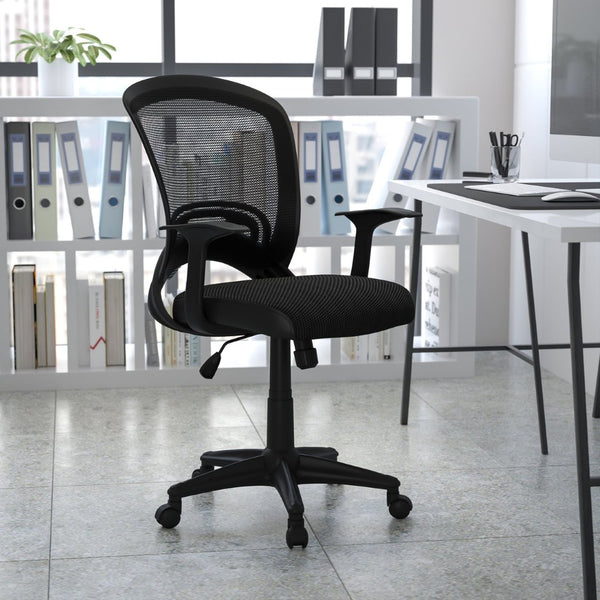 English Elm Manny Mid-Back Task Chair - Stylish Black Mesh Design with Adjustable Height & 360° Swivel Mobility HL-0007-GG