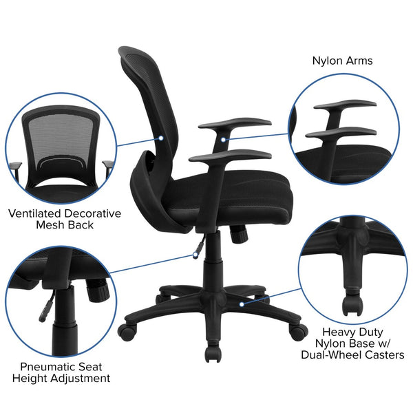 English Elm Manny Mid-Back Task Chair - Stylish Black Mesh Design with Adjustable Height & 360° Swivel Mobility HL-0007-GG