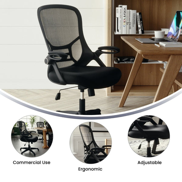 English Elm Porter High Back Ergonomic Mesh Swivel Office Chair with Lumbar Support and Adjustable Features Black HL-0016-1-BK-BK-GG