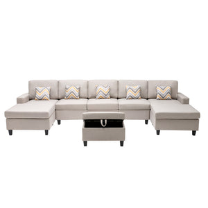 English Elm Nolan 5 Piece Linen Sectional Sofa with Dual Chaise Storage Ottoman and Accent Pillows B061S00511