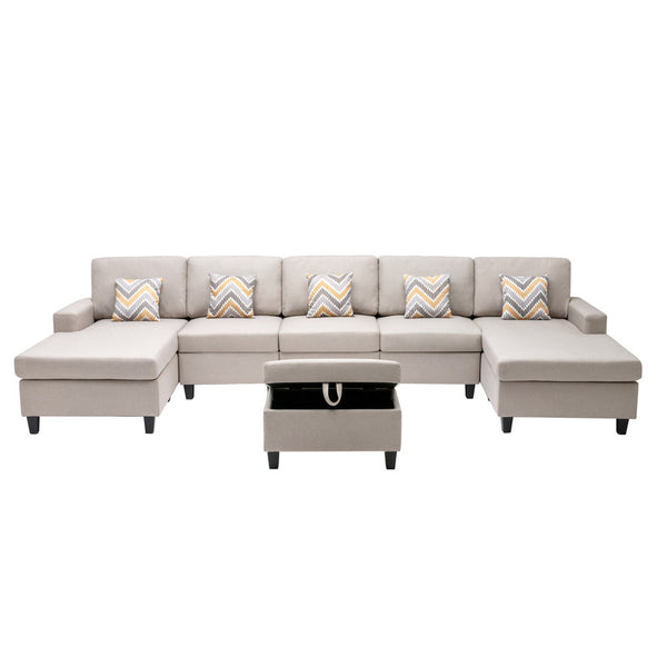 English Elm Nolan 5 Piece Linen Sectional Sofa with Dual Chaise Storage Ottoman and Accent Pillows B061S00511