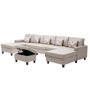 English Elm Nolan 5 Piece Linen Sectional Sofa with Dual Chaise Storage Ottoman and Accent Pillows B061S00511
