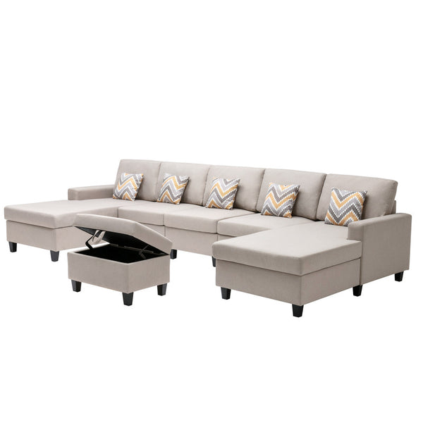 English Elm Nolan 5 Piece Linen Sectional Sofa with Dual Chaise Storage Ottoman and Accent Pillows B061S00511
