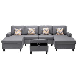 English Elm Nolan 5 Piece Linen Sectional Sofa with Dual Chaise Storage Ottoman and Accent Pillows B061S00552