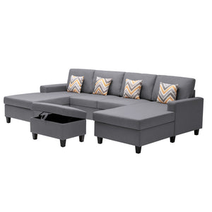 English Elm Nolan 5 Piece Linen Sectional Sofa with Dual Chaise Storage Ottoman and Accent Pillows B061S00552