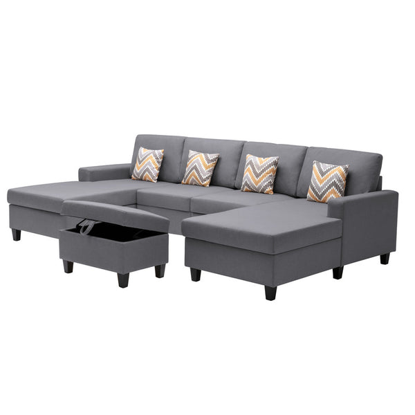 English Elm Nolan 5 Piece Linen Sectional Sofa with Dual Chaise Storage Ottoman and Accent Pillows B061S00552