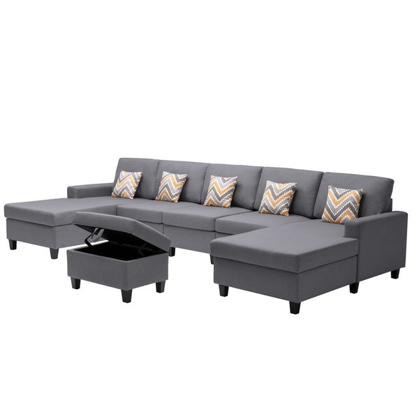 English Elm Nolan 5 Piece Linen Sectional Sofa with Dual Chaise Storage Ottoman and Accent Pillows B061S00553