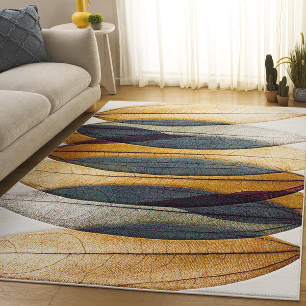 Safavieh Hollywood Exquisite Modern Area Rug In Gold And Blue With Abstract Leaf Design For Elegant Spaces Gold ,Blue Polypropylene Hlw703e-5