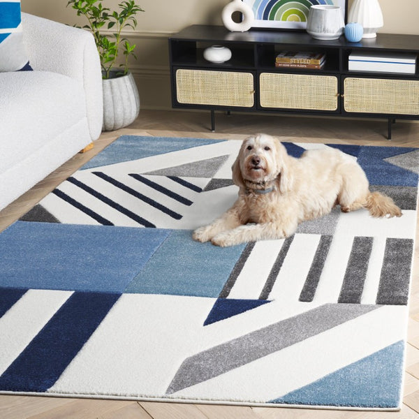 Safavieh Hollywood Geometric Ivory Blue Polypropylene Area Rug for Modern Living Spaces HLW709A-6