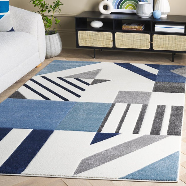 Safavieh Hollywood Geometric Ivory Blue Polypropylene Area Rug for Modern Living Spaces HLW709A-6