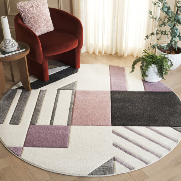 Safavieh Hollywood Geometric Round Polypropylene Rug Bold Ivory Purple Power Loomed in Turkey HLW709D-7R