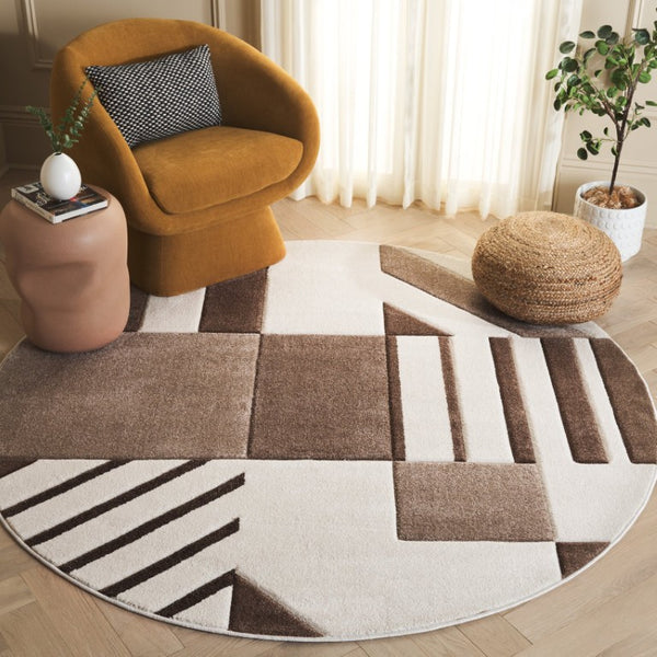 Safavieh Hollywood Geometric Round Area Rug Ivory Brown Plush Polypropylene Living Room Accent HLW709E-7R