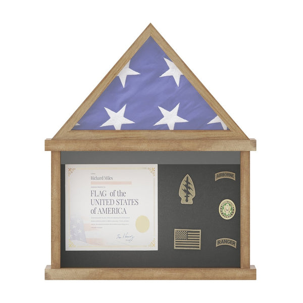 English Elm Quincy Flag and Certificate Display Case - Handcrafted Solid Pine Wood Shadow Box for Tribute Showcasing Weathered 18.5"W x 3.5"D x 22.5"H HMHD-22M142Y-WEATH-GG