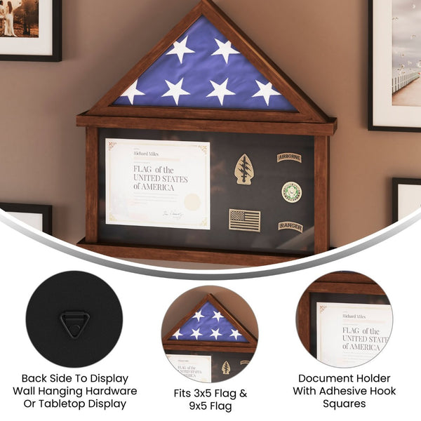 English Elm Quincy Flag and Certificate Display Case - Handcrafted Solid Pine Wood Shadow Box for Tribute Showcasing Dark Brown 26.5"W x 4.5"D x 26.5"H HMHD-22M192Y-RSTBRN-GG