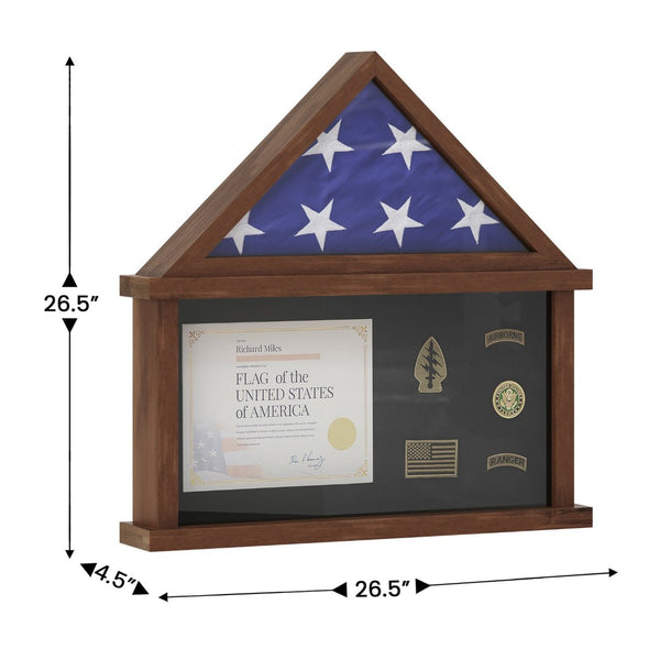 English Elm Quincy Flag and Certificate Display Case - Handcrafted Solid Pine Wood Shadow Box for Tribute Showcasing Dark Brown 26.5"W x 4.5"D x 26.5"H HMHD-22M192Y-RSTBRN-GG