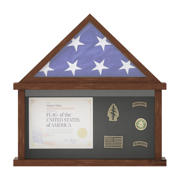 English Elm Quincy Flag and Certificate Display Case - Handcrafted Solid Pine Wood Shadow Box for Tribute Showcasing Dark Brown 26.5"W x 4.5"D x 26.5"H HMHD-22M192Y-RSTBRN-GG