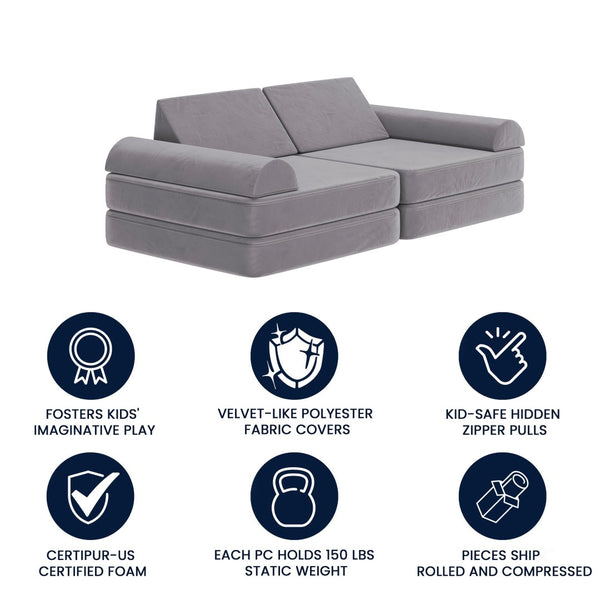 English Elm Marlowe 56" Modular Kids Play Couch - Creative Soft Foam Sofa for Imaginative Play and Comfort Gray HN-23112-GRY-GG