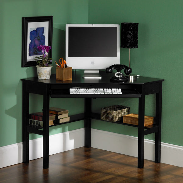 Safavieh Wardboro L-Shaped Corner Computer Desk For Home Office With Retractable Keyboard Tray BLACK HO6643