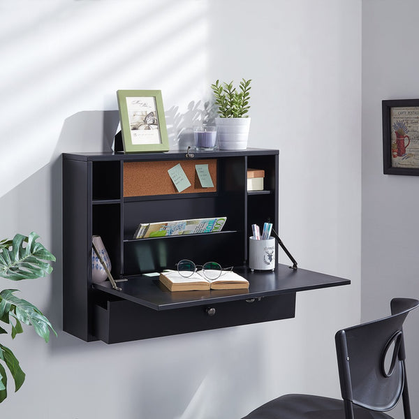 Safavieh Benwick Fold Down Wall Mounted Laptop Desk Birch Veneer Surface For Compact Spaces BLACK HO8292