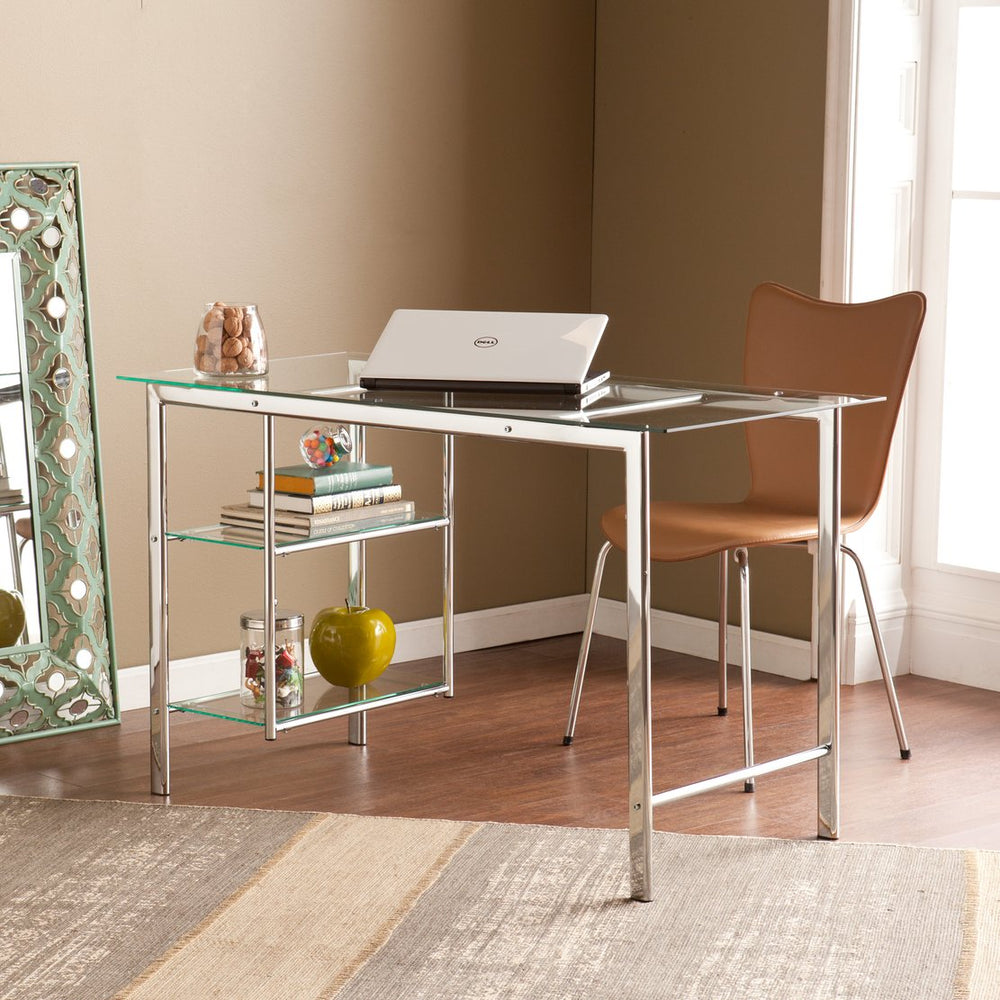 Safavieh Oslo Tempered Glass And Chrome Writing Desk With Shelving For Modern Home Offices HO8529