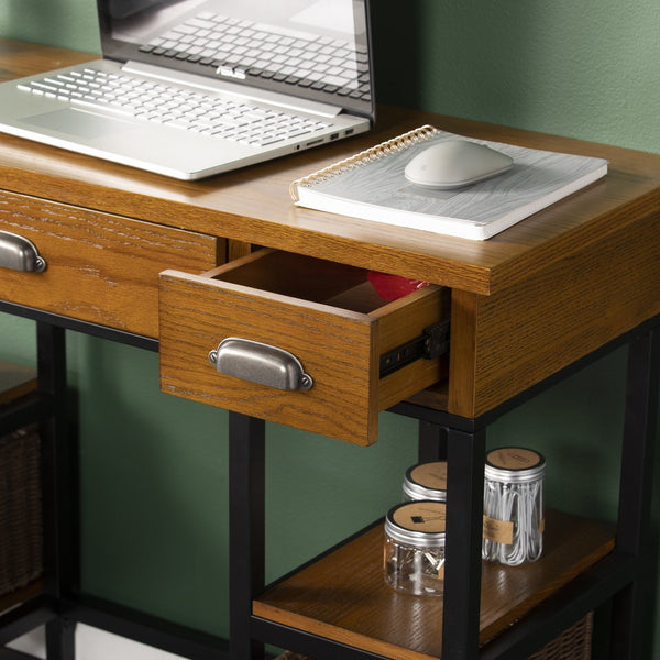 Safavieh Mirada Farmhouse Desk With Iron Legs Ash Veneer Drawers And Removable Basket Storage HO8812