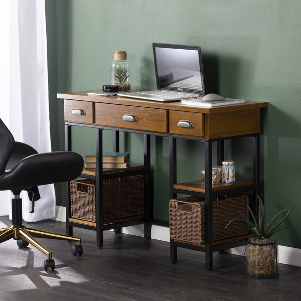 Safavieh Mirada Farmhouse Desk With Iron Legs Ash Veneer Drawers And Removable Basket Storage HO8812