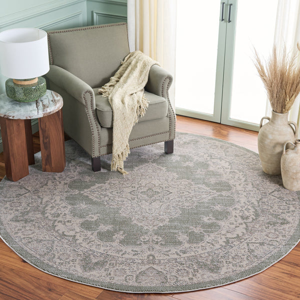 Safavieh Harrison Green And Ivory Transitional Medallion Area Rug — Low-Profile Jute Blend, Soft Durable Style 6'-7" x 6'-7" HRS400Y-7SQ