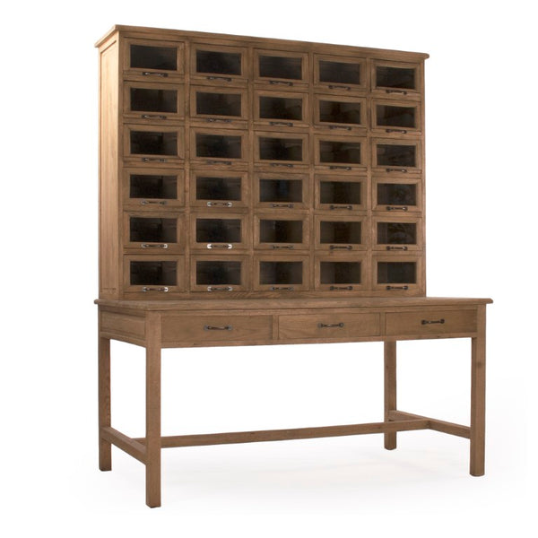 Zentique Mog Weathered Oak Cabinet & Table with Tempered Glass Panels — Rustic-Modern Buffet, Display Storage (W63xH79xD35cm) HS048