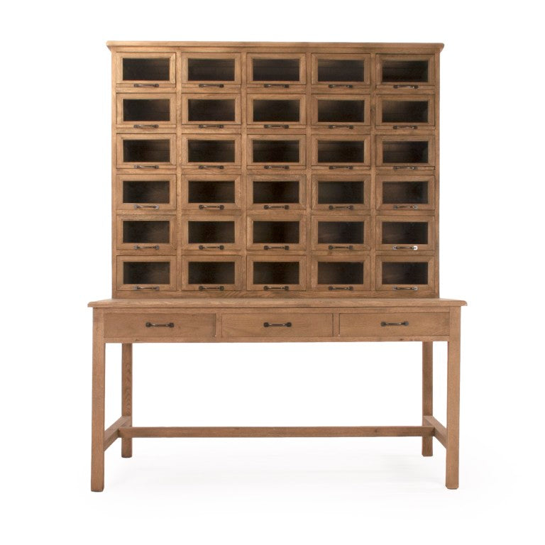 Zentique Mog Weathered Oak Cabinet & Table with Tempered Glass Panels — Rustic-Modern Buffet, Display Storage (W63xH79xD35cm) HS048