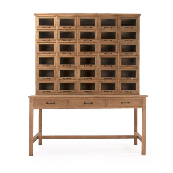 Zentique Mog Weathered Oak Cabinet & Table with Tempered Glass Panels — Rustic-Modern Buffet, Display Storage (W63xH79xD35cm) HS048