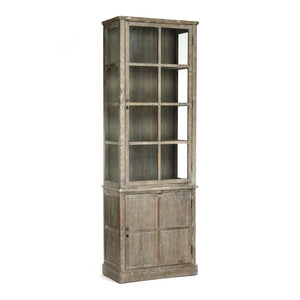 Zentique Swain Tall Oak Cabinet with Clear Glass Panels — Slim Display Storage, Adjustable Shelves, Natural Finish HS076