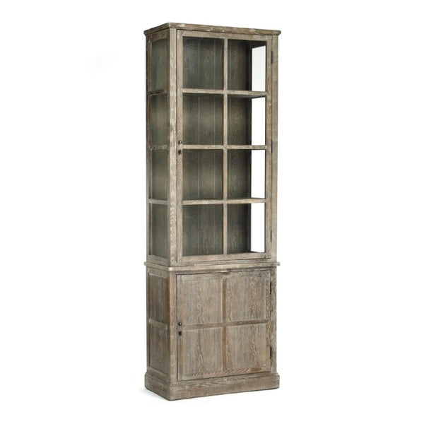 Zentique Swain Tall Oak Cabinet with Clear Glass Panels — Slim Display Storage, Adjustable Shelves, Natural Finish HS076