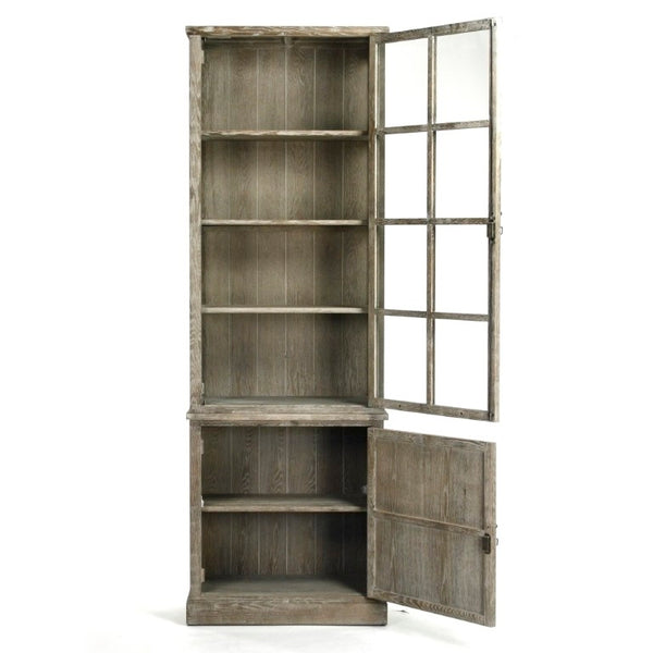 Zentique Swain Tall Oak Cabinet with Clear Glass Panels — Slim Display Storage, Adjustable Shelves, Natural Finish HS076