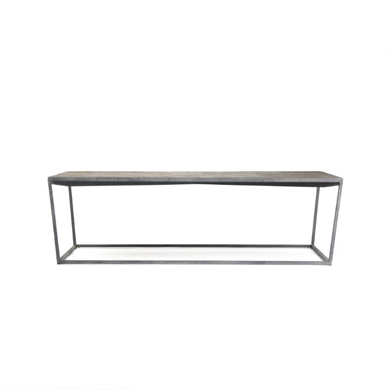 Zentique Hobart Solid Oak Coffee Table with Reclaimed Metal Base — Industrial Low-Profile 55"W Rustic Chic HS107
