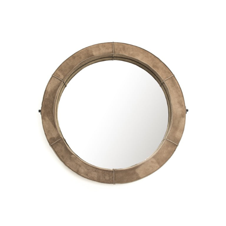Zentique Pendre Small Round Mirror with Suede-Accented Frame, Compact 29.5" Reflective Accent for Entryways HS123