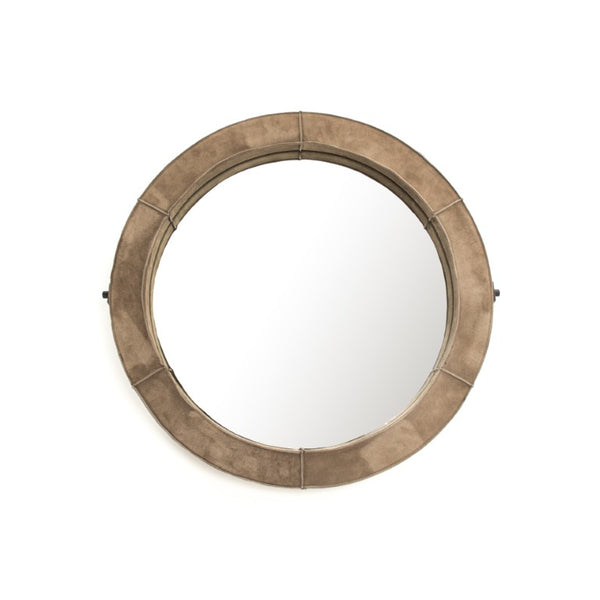 Zentique Pendre Small Round Mirror with Suede-Accented Frame, Compact 29.5" Reflective Accent for Entryways HS123