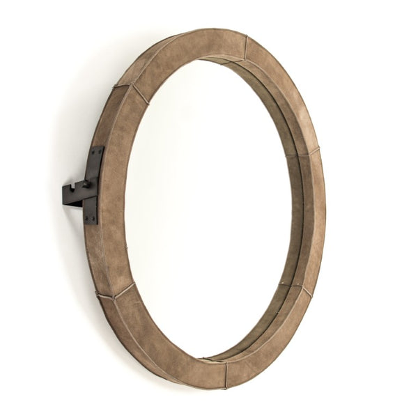 Zentique Pendre Large Suede Accent Round Mirror 35.5" — Modern Minimalist Wall Mirror for Living Rooms HS124