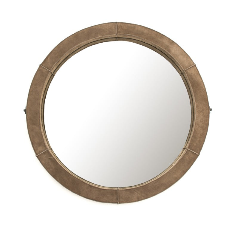 Zentique Pendre Large Suede Accent Round Mirror 35.5" — Modern Minimalist Wall Mirror for Living Rooms HS124