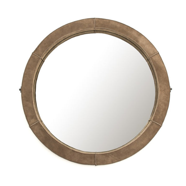 Zentique Pendre Large Suede Accent Round Mirror 35.5" — Modern Minimalist Wall Mirror for Living Rooms HS124